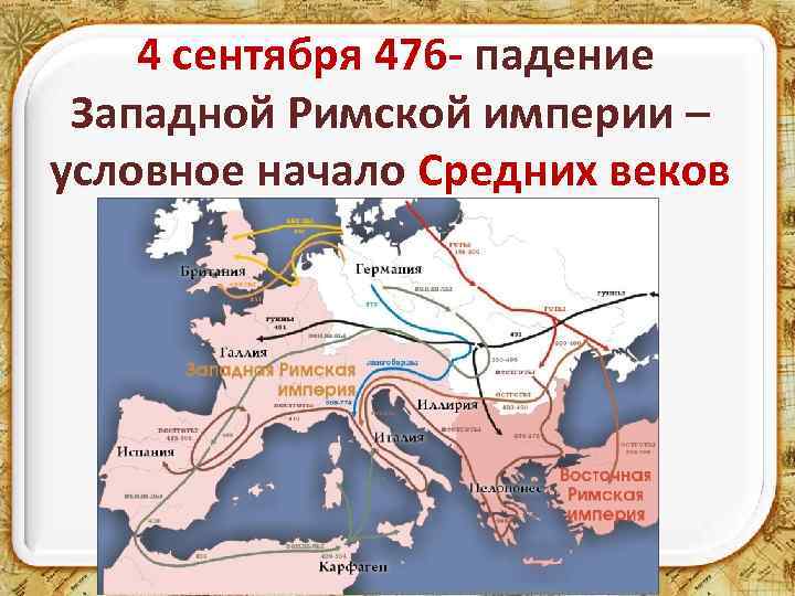  4 сентября 476 - падение Западной Римской империи – условное начало Средних веков