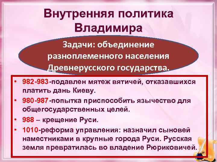 Внутренняя политика Владимира Задачи: объединение разноплеменного населения Древнерусского государства. • 982 -983 -подавлен мятеж