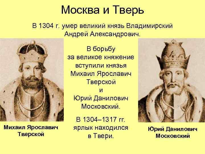 Москва и Тверь В 1304 г. умер великий князь Владимирский Андрей Александрович. В борьбу