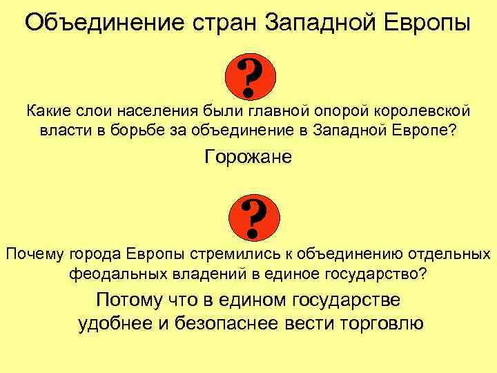 Объединение стран Западной Европы ? Какие слои населения были главной опорой королевской власти в