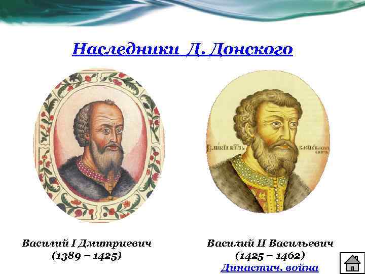 Наследники Д. Донского Василий I Дмитриевич (1389 – 1425) Василий II Васильевич (1425 –