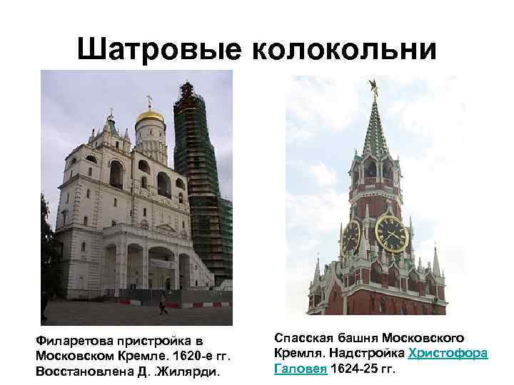 Шатровые колокольни Филаретова пристройка в Московском Кремле. 1620 -е гг. Восстановлена Д. . Жилярди.