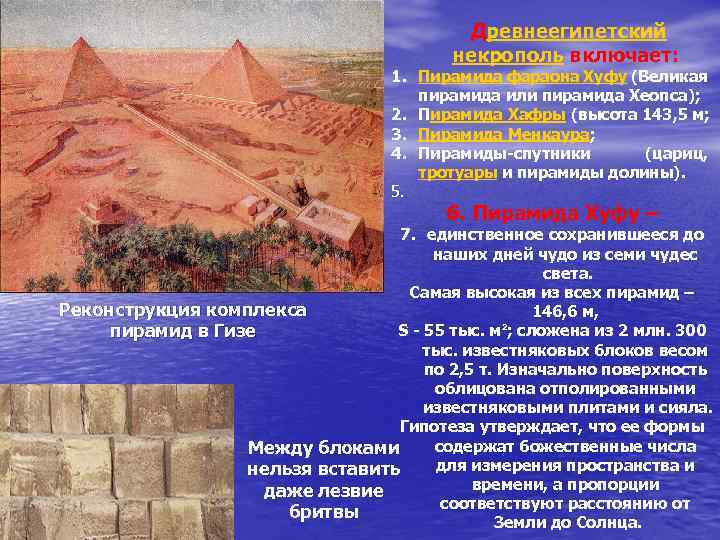  Древнеегипетский некрополь включает: 1. Пирамида фараона Хуфу (Великая пирамида или пирамида Хеопса); 2.