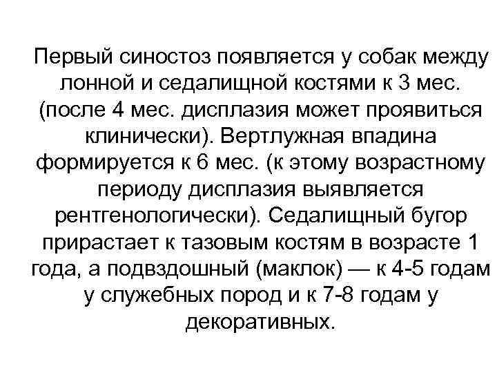 Первый синостоз появляется у собак между лонной и седалищной костями к 3 мес. (после