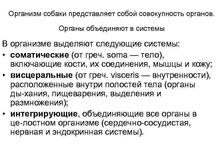 Организм собаки представляет собой совокупность органов. Органы объединяют в системы В организме выделяют следующие