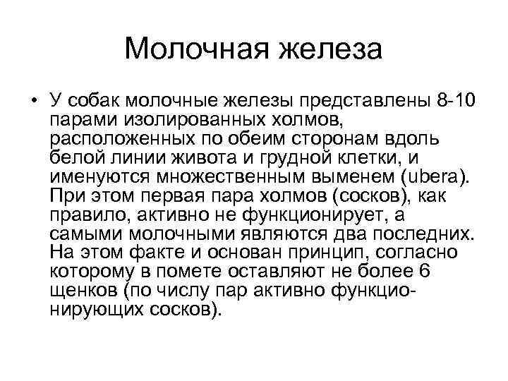 Молочная железа • У собак молочные железы представлены 8 10 парами изолированных холмов, расположенных