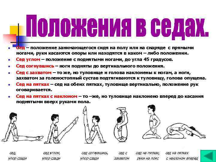 n n n Сед – положение занимающегося сидя на полу или на снаряде с