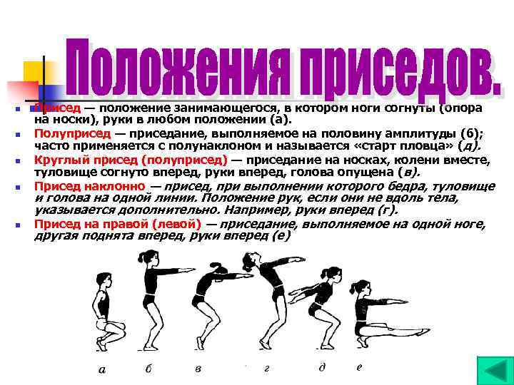 n n n Присед — положение занимающегося, в котором ноги согнуты (опора на носки),