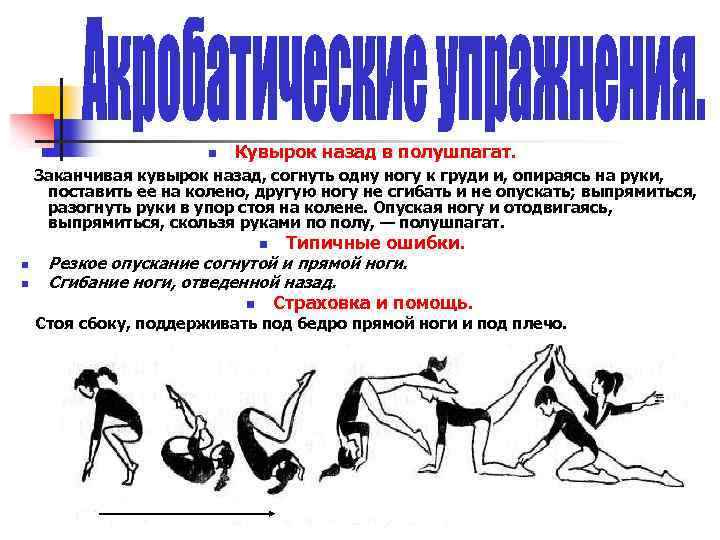 n Кувырок назад в полушпагат. Заканчивая кувырок назад, согнуть одну ногу к груди и,