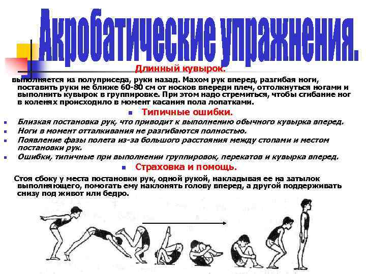 Длинный кувырок. выполняется из полуприседа, руки назад. Махом рук вперед, разгибая ноги, поставить руки