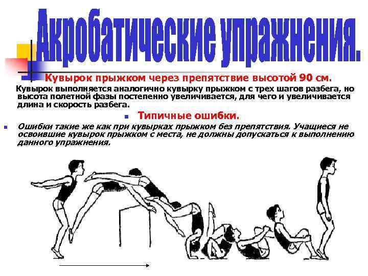 n Кувырок прыжком через препятствие высотой 90 см. Кувырок выполняется аналогично кувырку прыжком с