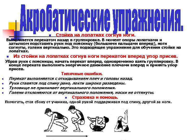 n Стойка на лопатках согнув ноги. Выполняется перекатом назад в группировке. В момент опоры