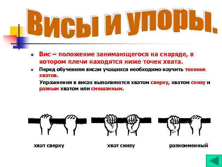 n n Вис – положение занимающегося на снаряде, в котором плечи находятся ниже точек