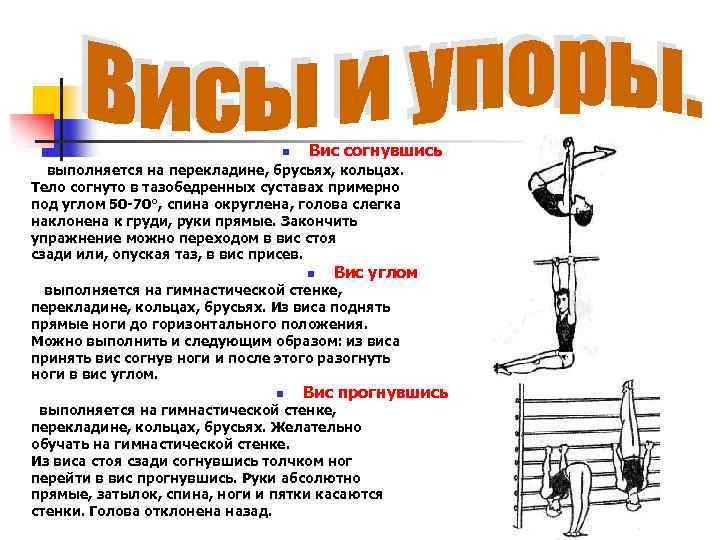 n Вис согнувшись выполняется на перекладине, брусьях, кольцах. Тело согнуто в тазобедренных суставах примерно