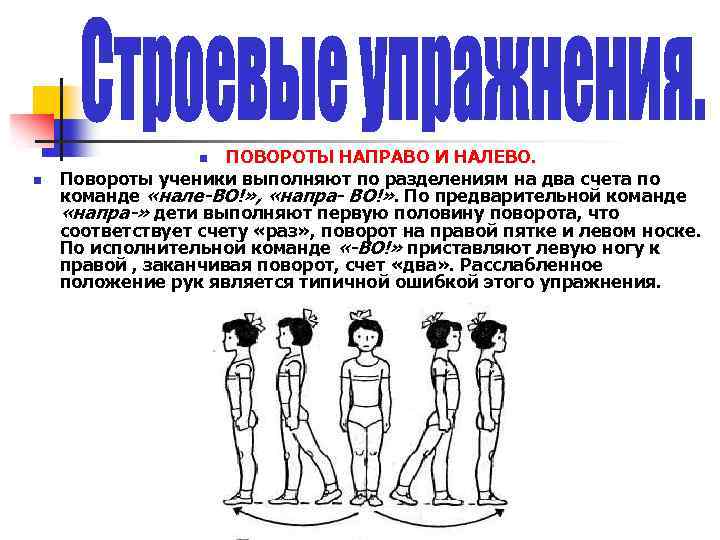 ПОВОРОТЫ НАПРАВО И НАЛЕВО. Повороты ученики выполняют по разделениям на два счета по команде