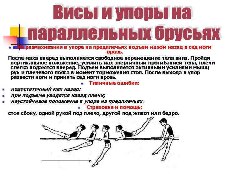 Из размахивания в упоре на предплечьях подъем махом назад в сед ноги врозь. После