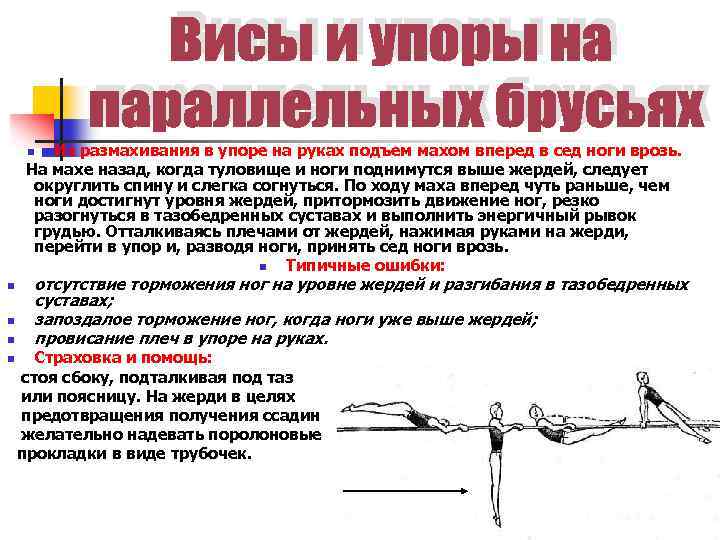 Из размахивания в упоре на руках подъем махом вперед в сед ноги врозь. На