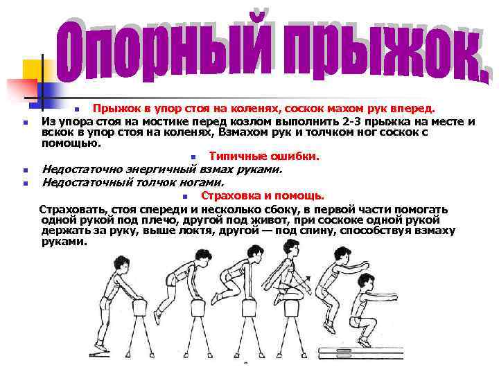 Прыжок в упор стоя на коленях, соскок махом рук вперед. Из упора стоя на