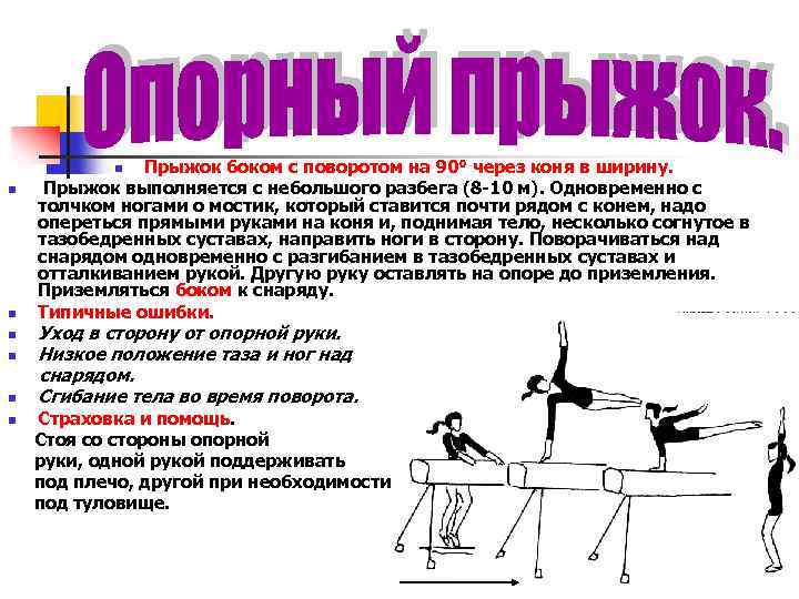 Прыжок боком с поворотом на 90° через коня в ширину. Прыжок выполняется с небольшого
