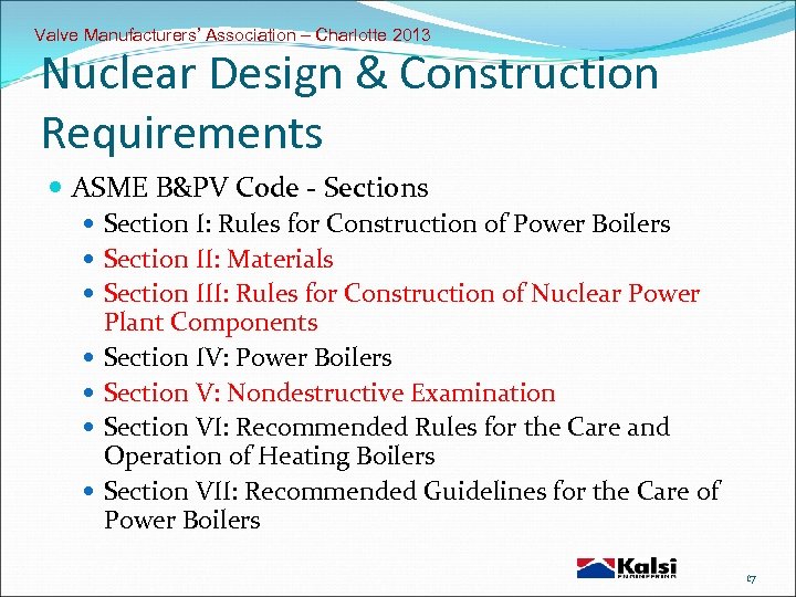 Valve Manufacturers’ Association – Charlotte 2013 Nuclear Design & Construction Requirements ASME B&PV Code