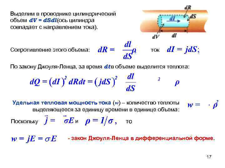 Выделим в проводнике цилиндрический объем d. V = d. Sdl (ось цилиндра совпадает с