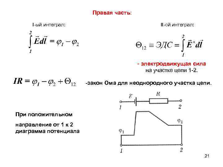 Правая часть: I-ый интеграл: II-ой интеграл: - электродвижущая сила на участке цепи 1 -2.