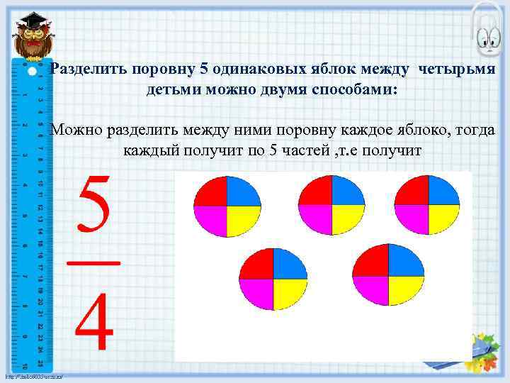 Разделить поровну 5 одинаковых яблок между четырьмя детьми можно двумя способами: Можно разделить между