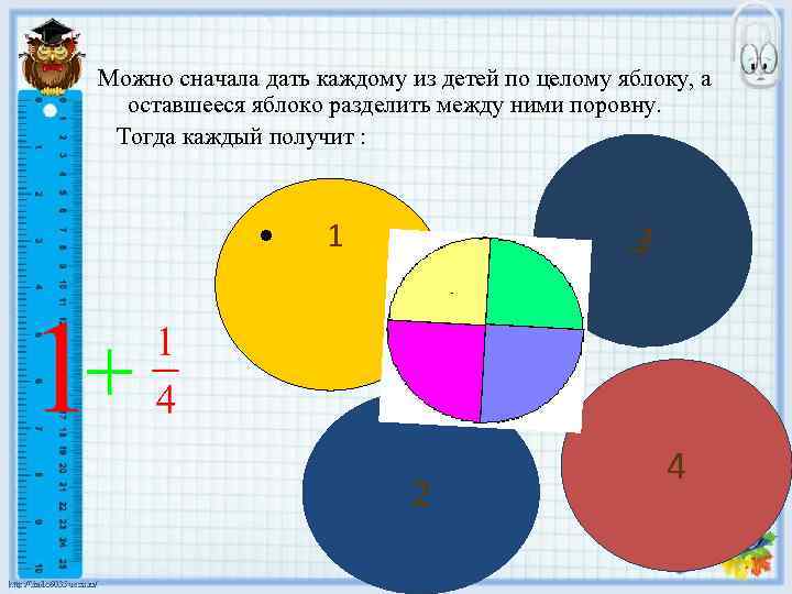 Можно сначала дать каждому из детей по целому яблоку, а оставшееся яблоко разделить между