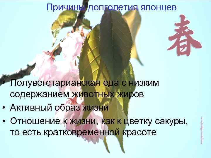 Причины долголетия японцев • Полувегетарианская еда с низким содержанием животных жиров • Активный образ