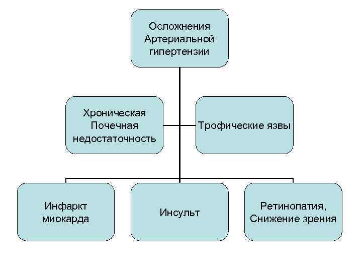 Осложнения Артериальной гипертензии Хроническая Почечная недостаточность Инфаркт миокарда Трофические язвы Инсульт Ретинопатия, Снижение зрения