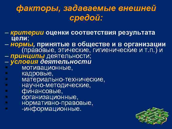 факторы, задаваемые внешней средой: – критерии оценки соответствия результата цели; – нормы, принятые в