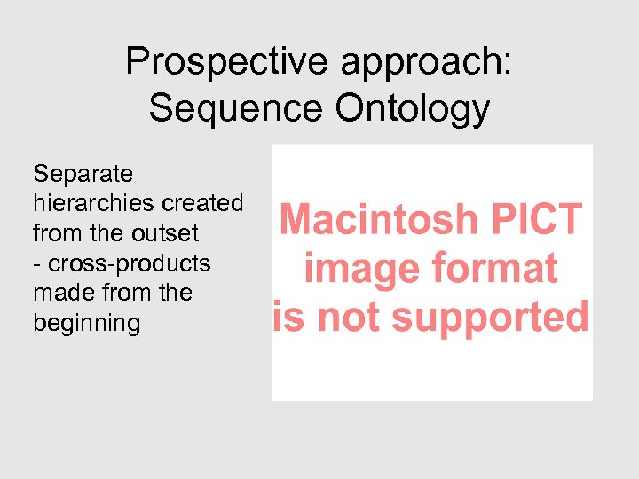 Prospective approach: Sequence Ontology Separate hierarchies created from the outset - cross-products made from