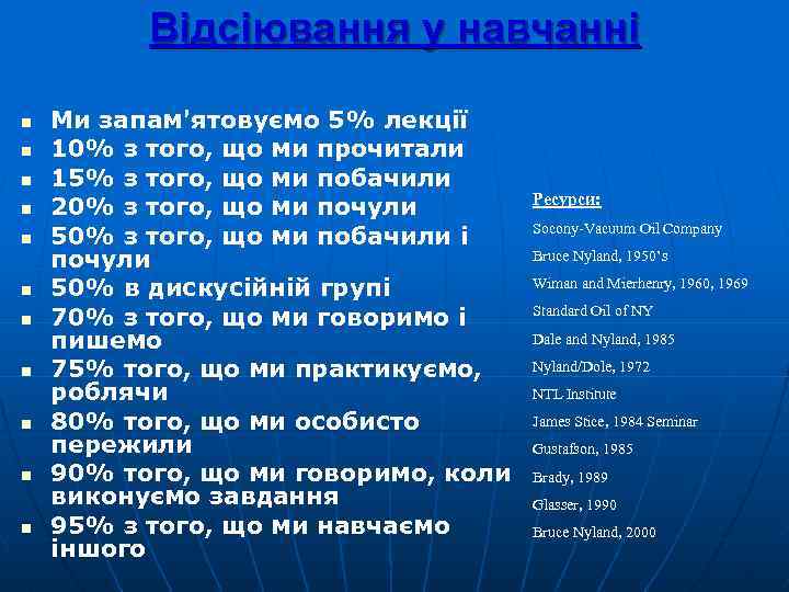 Відсіювання у навчанні n n n Ми запам'ятовуємо 5% лекції 10% з того, що