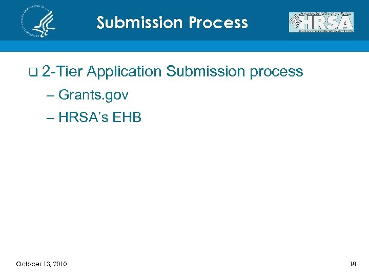 Submission Process q 2 -Tier Application Submission process – Grants. gov – HRSA’s EHB