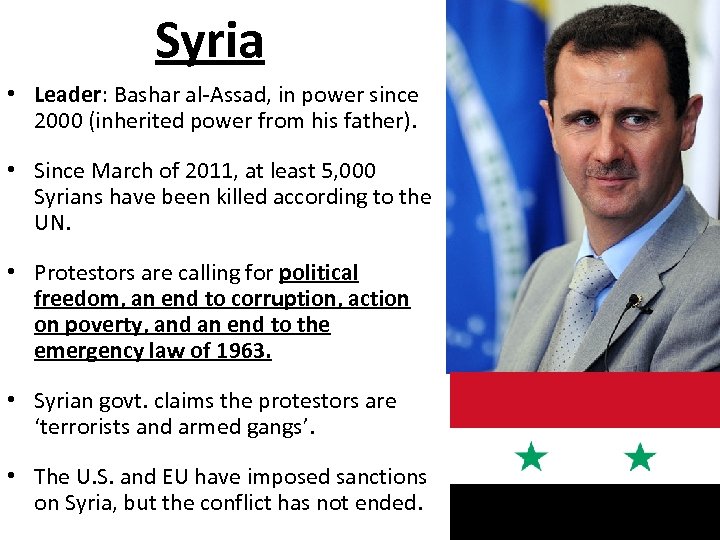 Syria • Leader: Bashar al-Assad, in power since 2000 (inherited power from his father).