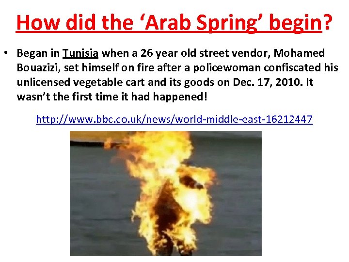 How did the ‘Arab Spring’ begin? • Began in Tunisia when a 26 year