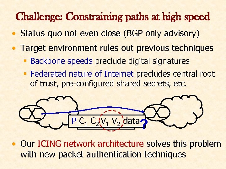 Challenge: Constraining paths at high speed • Status quo not even close (BGP only
