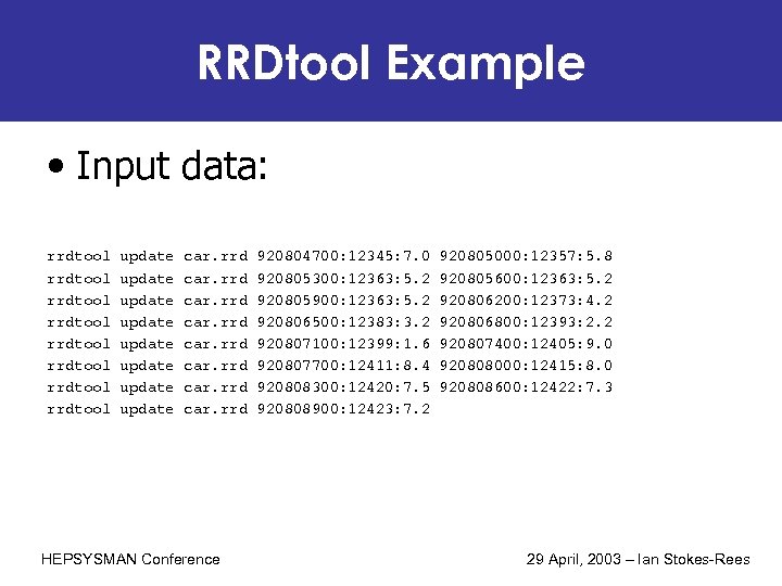RRDtool Example • Input data: rrdtool rrdtool update update car. rrd car. rrd HEPSYSMAN