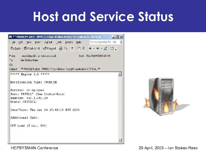 Host and Service Status HEPSYSMAN Conference 29 April, 2003 – Ian Stokes-Rees 