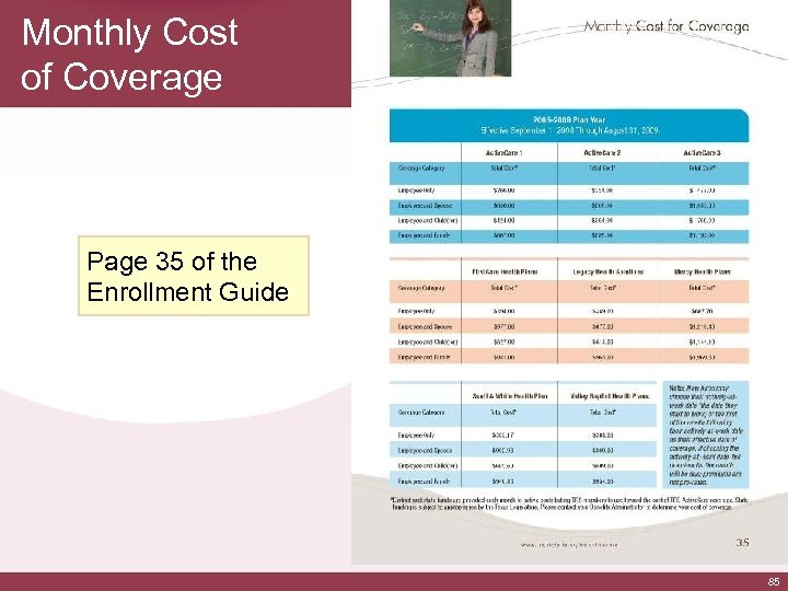 Monthly Cost of Coverage Page 35 of the Enrollment Guide 85 