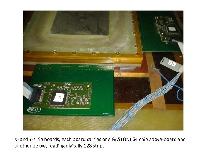 X- and Y-strip boards, each board carries one GASTONE 64 chip above-board another below,