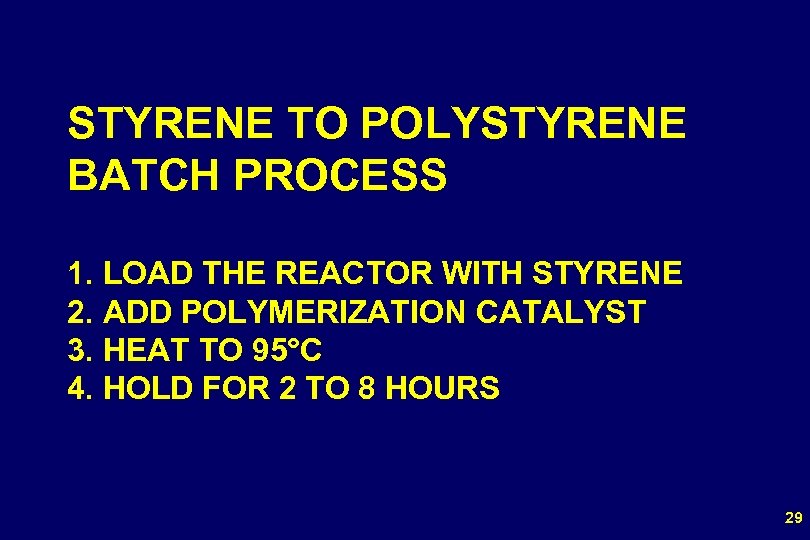 STYRENE TO POLYSTYRENE BATCH PROCESS 1. LOAD THE REACTOR WITH STYRENE 2. ADD POLYMERIZATION