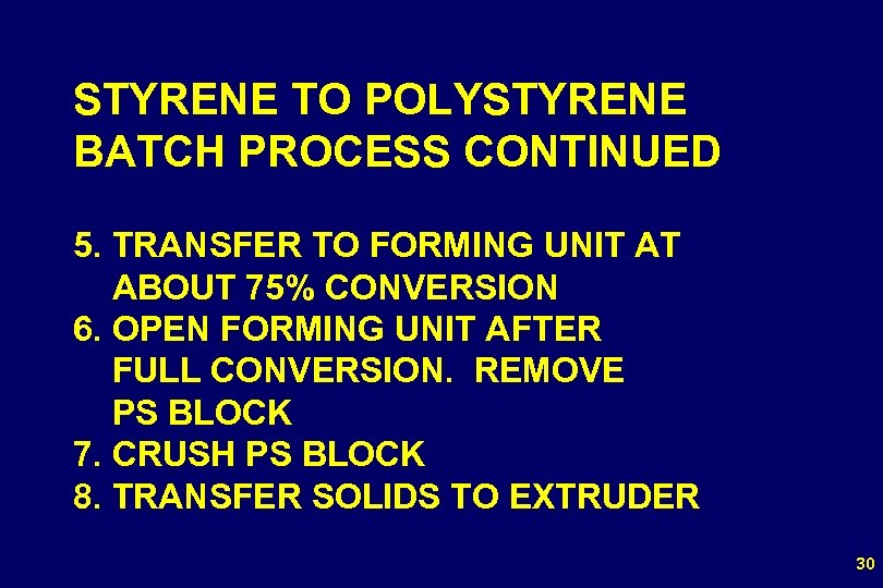 STYRENE TO POLYSTYRENE BATCH PROCESS CONTINUED 5. TRANSFER TO FORMING UNIT AT ABOUT 75%