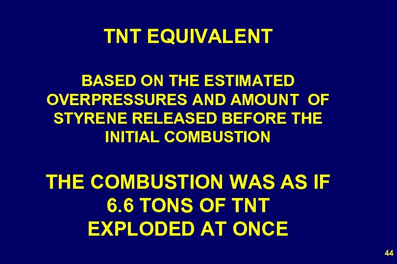 TNT EQUIVALENT BASED ON THE ESTIMATED OVERPRESSURES AND AMOUNT OF STYRENE RELEASED BEFORE THE