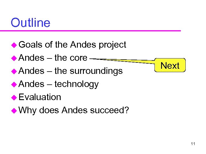 Outline u Goals of the Andes project u Andes – the core u Andes