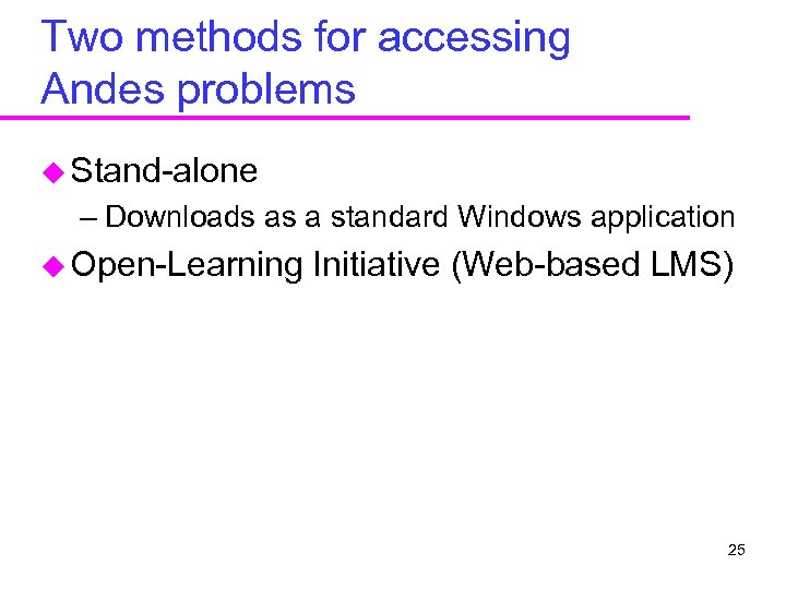 Two methods for accessing Andes problems u Stand-alone – Downloads as a standard Windows