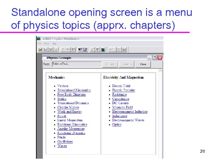 Standalone opening screen is a menu of physics topics (apprx. chapters) 26 