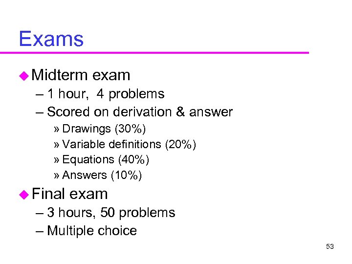 Exams u Midterm exam – 1 hour, 4 problems – Scored on derivation &