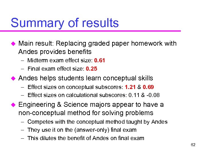 Summary of results u Main result: Replacing graded paper homework with Andes provides benefits