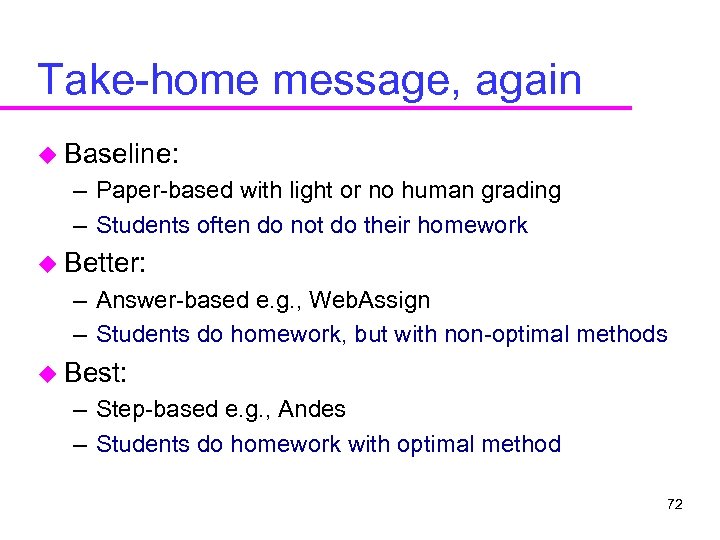 Take-home message, again u Baseline: – Paper-based with light or no human grading –